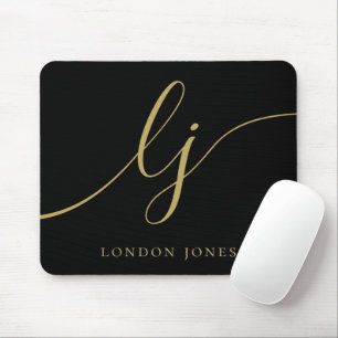 Monogram Script Elegant Black Gold Feminine Mouse Pad