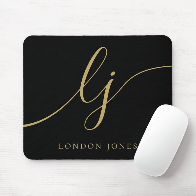 Monogram Script Elegant Black Gold Feminine Mouse Pad (With Mouse)