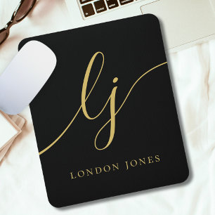 Monogram Script Elegant Feminine Black Gold Custom Mouse Pad