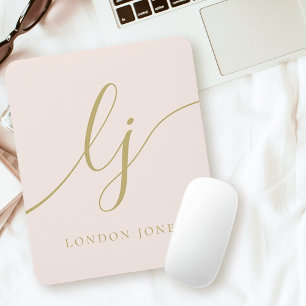 Monogram Script Elegant Feminine Blush Pink Gold Mouse Pad