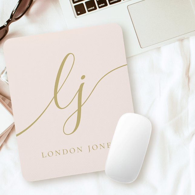 Monogram Script Elegant Feminine Blush Pink Gold Mouse Pad (Creator Uploaded)