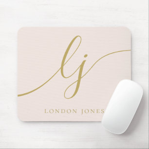 Monogram Script Elegant Girly Blush Pink Gold Mouse Pad
