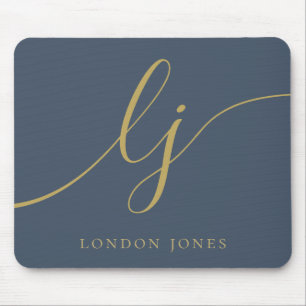 Monogram Script Elegant Navy Blue Gold Feminine Mouse Pad