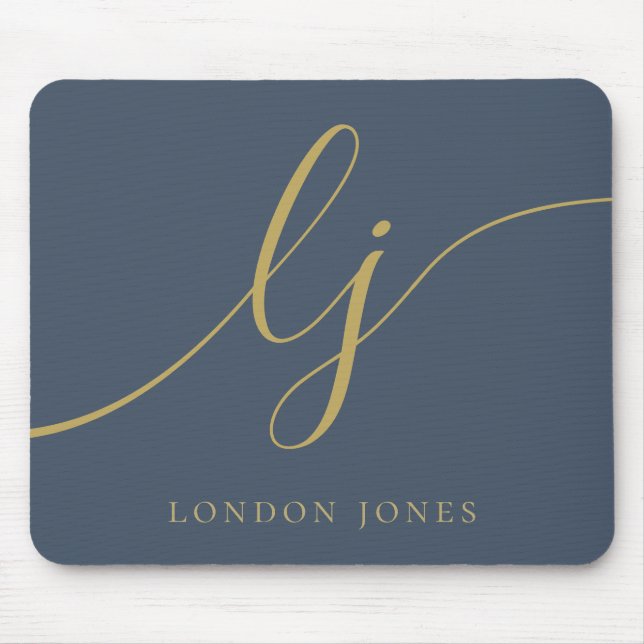 Monogram Script Elegant Navy Blue Gold Feminine Mouse Pad (Front)
