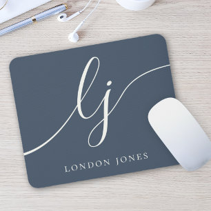 Monogram Script Elegant Navy Blue Ivory Feminine Mouse Pad