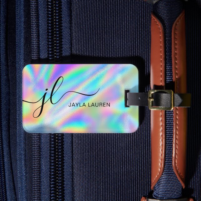 Monogram Script Faux Holographic Rainbow Luggage Tag (Front Insitu 4)
