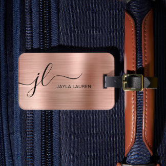 Monogram Script Faux Rose Gold Metal Steel Luggage Tag