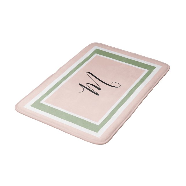 Monogram Script Geometric Blush Pink Green Bath Mat (Angled)