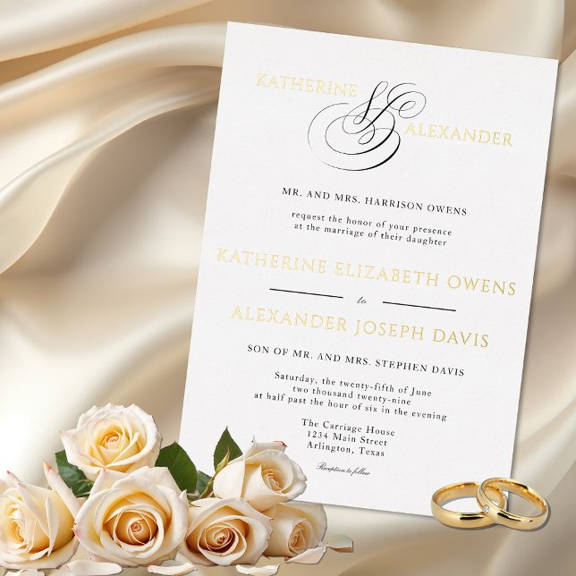 Monogram Script Gold White Black Wedding Foil Invitation (Creator Uploaded)