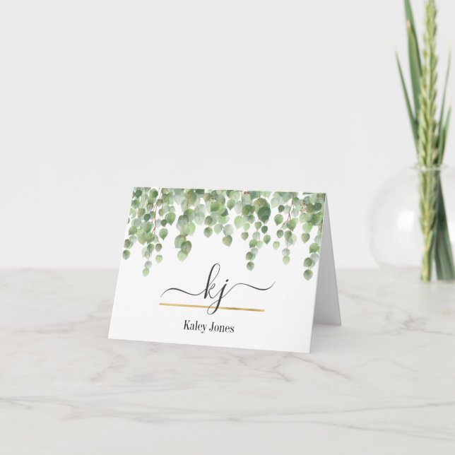 Monogram Script Greenery | From The Desk Of Letterpress Thank You Card (Front)