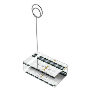 Monogram Script Hand-Lettered Gold Gordon Plaid Place Card Holder
