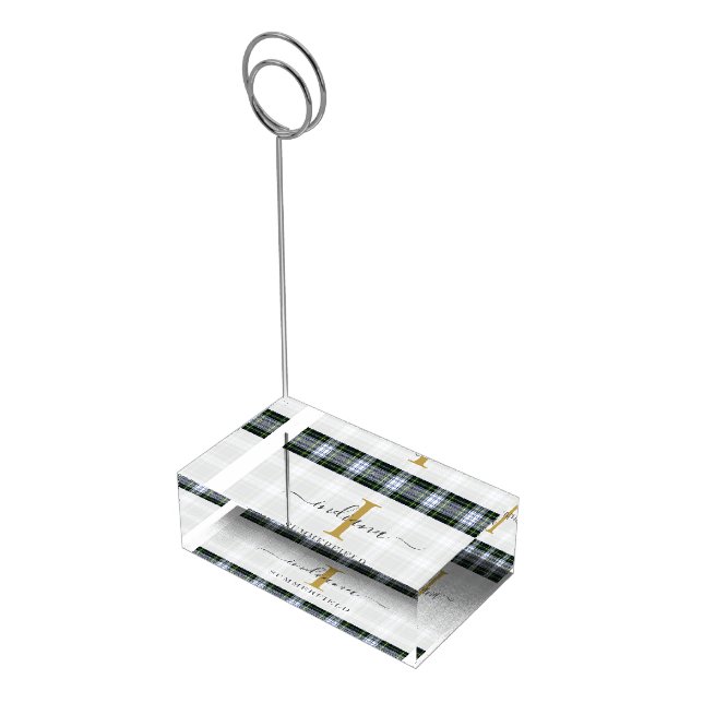 Monogram Script Hand-Lettered Gold Gordon Plaid Place Card Holder (Corner)