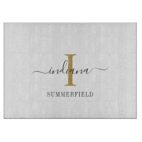 Monogram Script Hand_Lettered Name Gold Gray Cutting Board