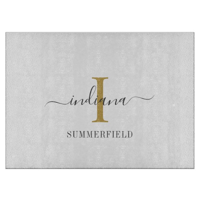 Monogram Script Hand-Lettered Name Gold Gray Cutting Board (Front)