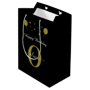 Monogram Script Happy Birthday Black White Gold Medium Gift Bag