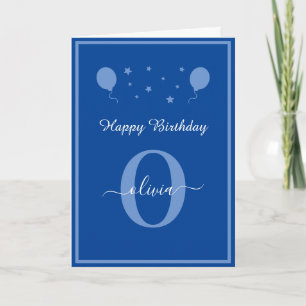 Monogram Script Happy Birthday Blue And White Card