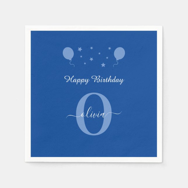 Monogram Script Happy Birthday Blue And White Napkins (Front)