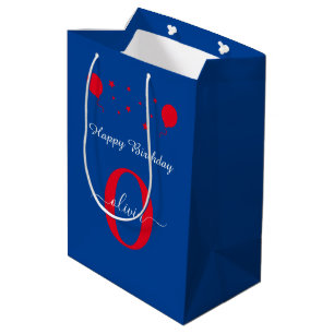 Monogram Script Happy Birthday Blue White Red Medium Gift Bag