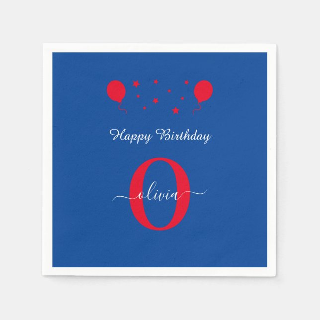 Monogram Script Happy Birthday Blue White Red Napkins (Front)