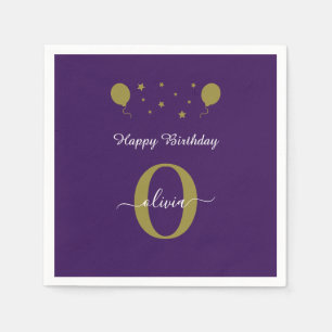 Monogram Script Happy Birthday Purple White Gold Napkins