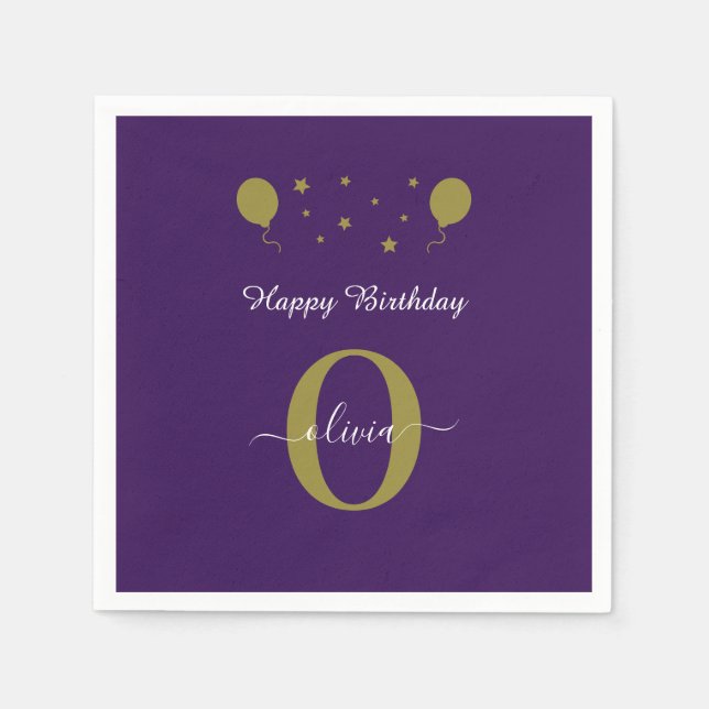 Monogram Script Happy Birthday Purple White Gold Napkins (Front)