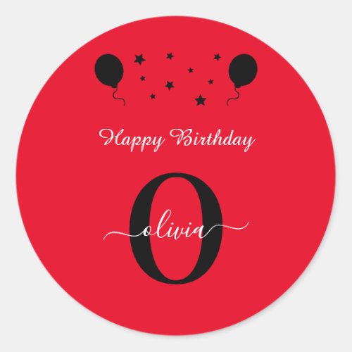 Monogram Script Happy Birthday Red Black White Classic Round Sticker