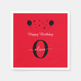 Monogram Script Happy Birthday Red Black White Napkins
