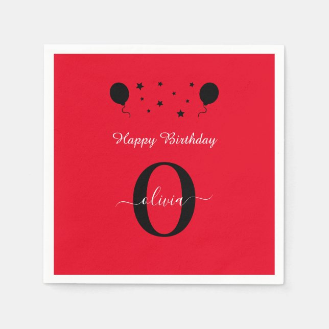 Monogram Script Happy Birthday Red Black White Napkins (Front)