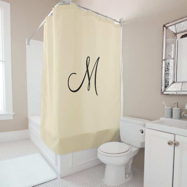 Monogram Script Initial Beige Black Minimal Simple Shower Curtain (In Situ)