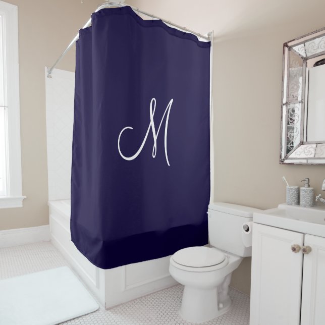 Monogram Script Initial Navy Blue White Minimal Shower Curtain (In Situ)