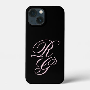 Monogram Script Initials Pink & Black Chic iPhone 13 Mini Case