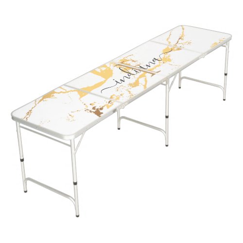 Monogram Script Modern Abstract Gold Marble Name Beer Pong Table