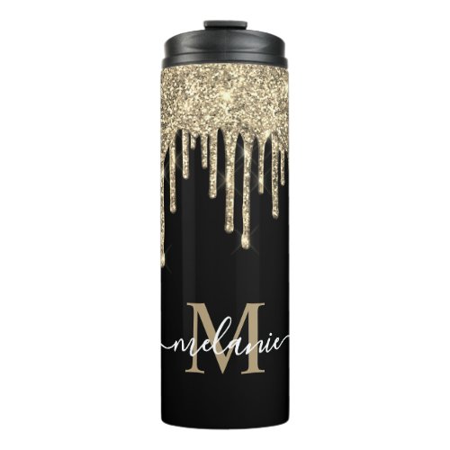 Monogram Script Name Black and Gold Glitter Drip Thermal Tumbler