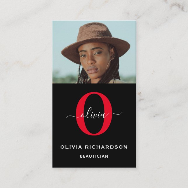 Monogram Script Name Black White Red Job Vertical Business Card (Front)