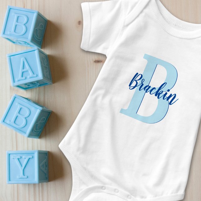 Monogram Script Name Blue Custom Text Unisex Baby Bodysuit (Creator Uploaded)