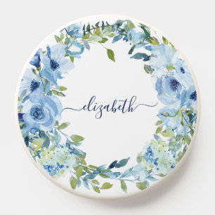 Monogram Script Name Blue Floral Greenery PopSocket