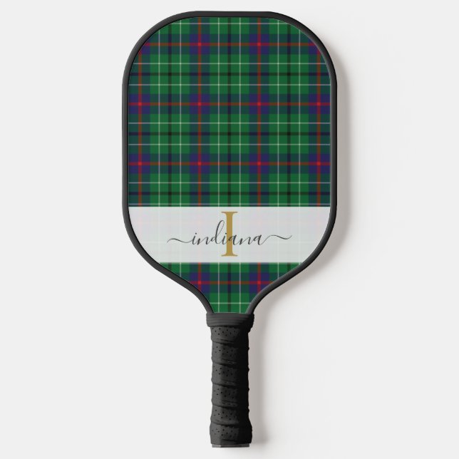 Monogram Script Name Classic Plaid Green Tartan Pickleball Paddle (Front)