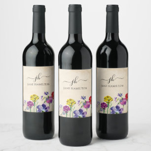Monogram Script Name Floral Wine Label
