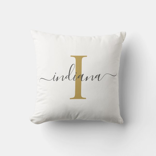 Monogram Script Name Gold Gray Throw Pillow (Front)