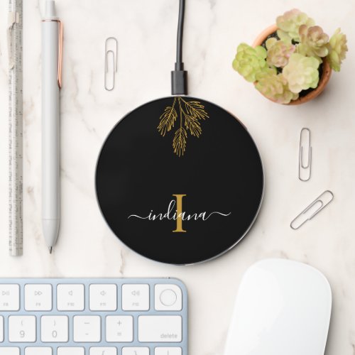 Monogram Script Name Initial Birthday Botanical Wireless Charger