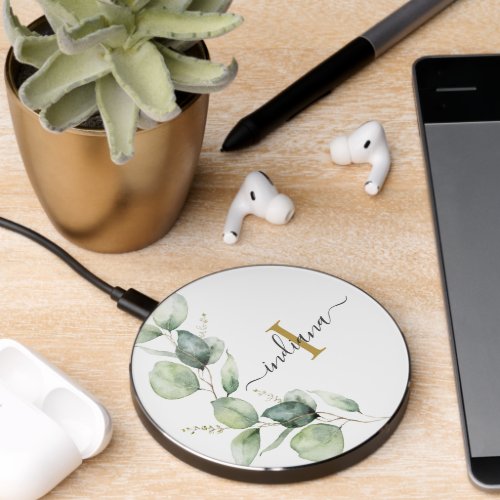 Monogram Script Name Initial Eucalyptus Watercolor Wireless Charger