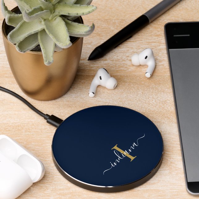 Monogram Script Name Initial Navy Blue Wireless Charger (Desk 2)