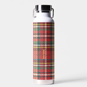 Monogram Script Name Initial Red Plaid Water Bottle