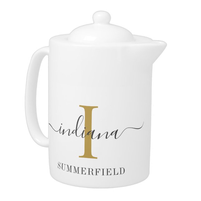 Monogram Script Name Modern Gold Initial Mom Teapot (Left)