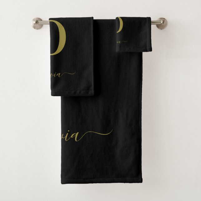 Monogram Script Name Personalized Black And Gold Bath Towel Set (Insitu)