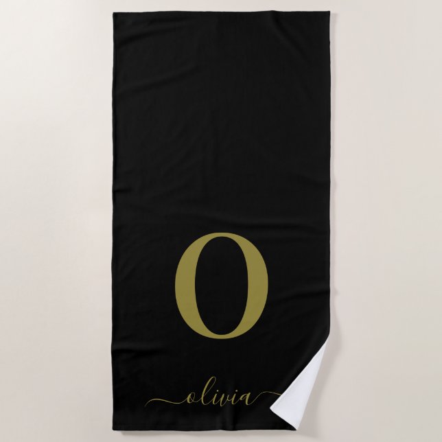 Monogram Script Name Personalized Black And Gold Beach Towel (Front)