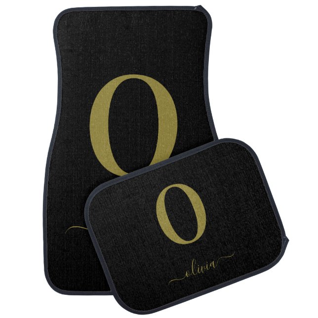 Monogram Script Name Personalized Black And Gold Car Floor Mat (Set)