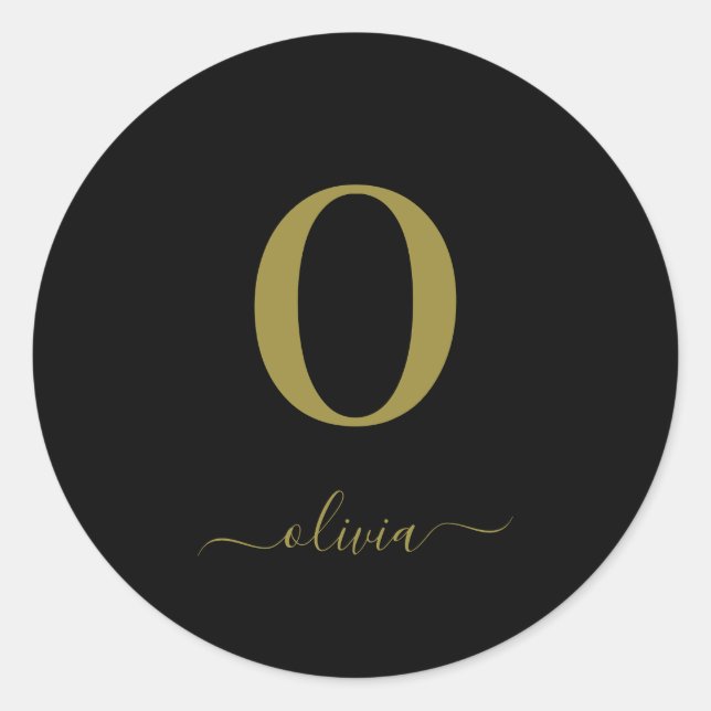 Monogram Script Name Personalized Black And Gold Classic Round Sticker (Front)