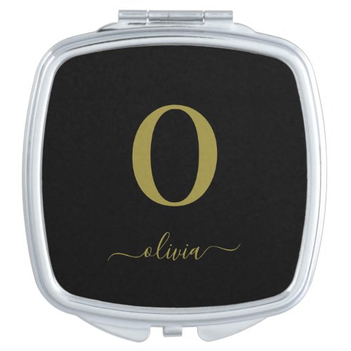 Monogram Script Name Personalized Black And Gold Compact Mirror