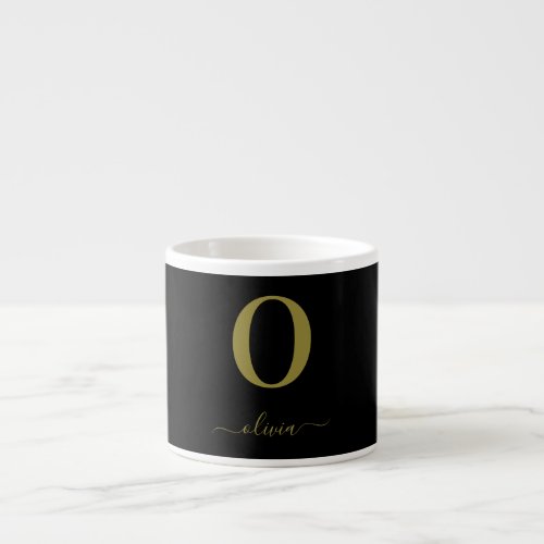 Monogram Script Name Personalized Black And Gold Espresso Cup